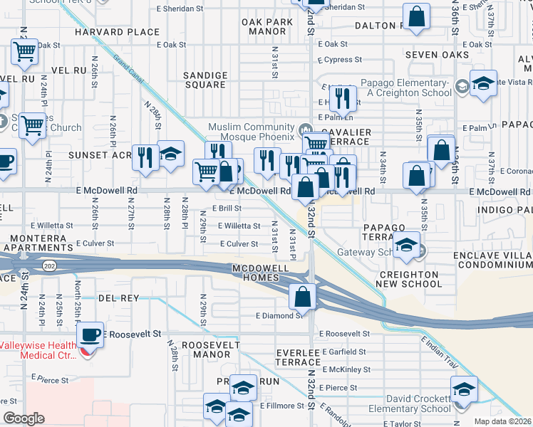 map of restaurants, bars, coffee shops, grocery stores, and more near 3034 East Brill Street in Phoenix