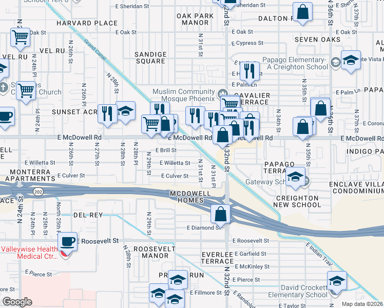 map of restaurants, bars, coffee shops, grocery stores, and more near 3034 East Brill Street in Phoenix