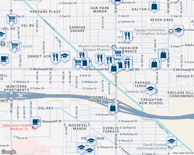 map of restaurants, bars, coffee shops, grocery stores, and more near 3034 East Brill Street in Phoenix