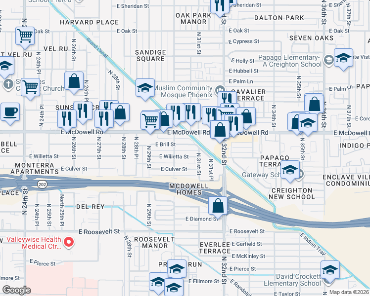 map of restaurants, bars, coffee shops, grocery stores, and more near 1429 North 30th Street in Phoenix