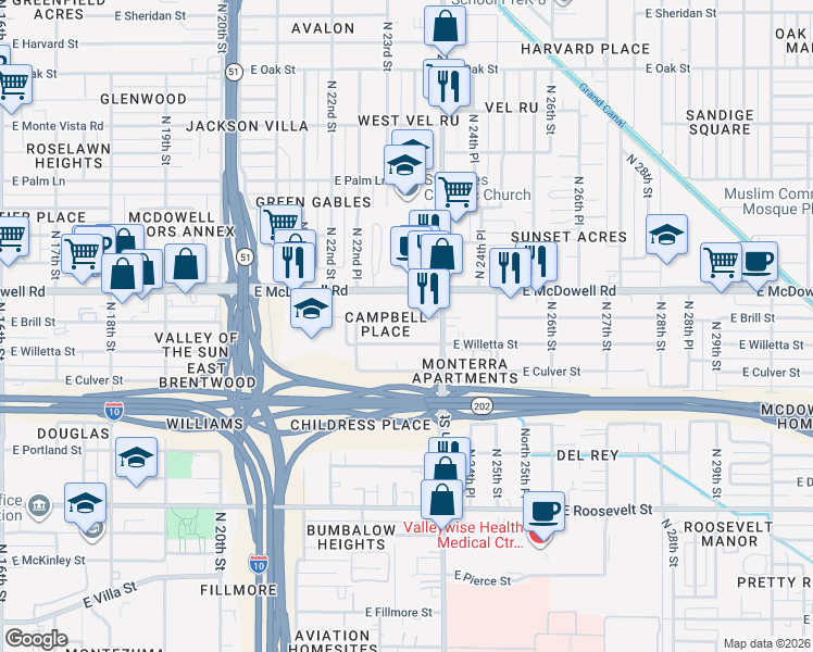 map of restaurants, bars, coffee shops, grocery stores, and more near 2221 East Culver Street in Phoenix