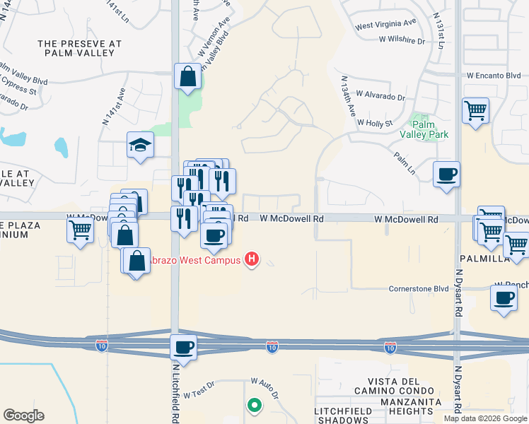 map of restaurants, bars, coffee shops, grocery stores, and more near 1653 North 136th Lane in Goodyear