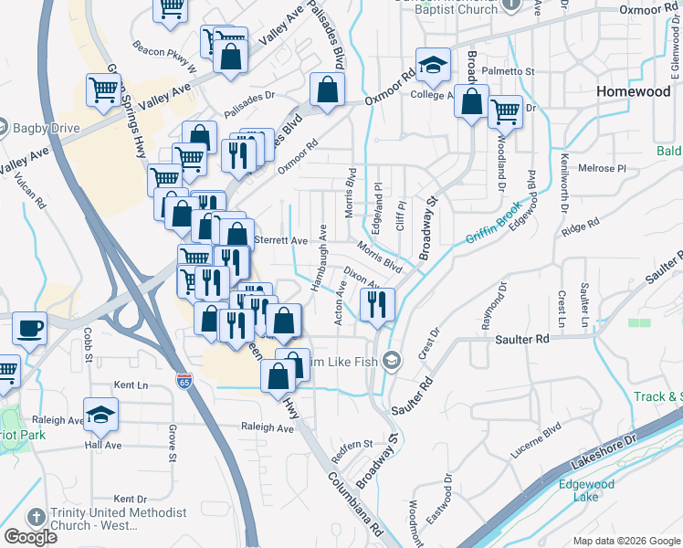 map of restaurants, bars, coffee shops, grocery stores, and more near 314 Dixon Avenue in Birmingham