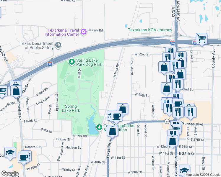 map of restaurants, bars, coffee shops, grocery stores, and more near 1009 Jordan Lane in Texarkana