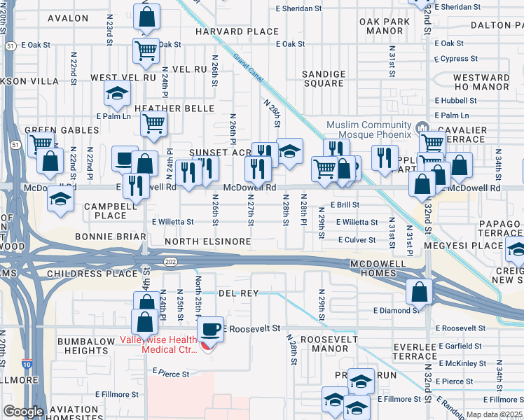 map of restaurants, bars, coffee shops, grocery stores, and more near 2714 East Brill Street in Phoenix