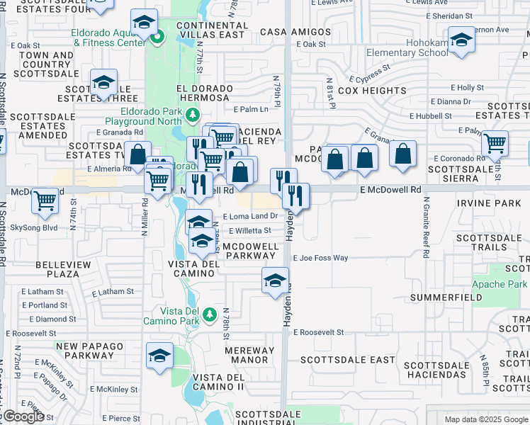 map of restaurants, bars, coffee shops, grocery stores, and more near 7918 East Loma Land Drive in Scottsdale