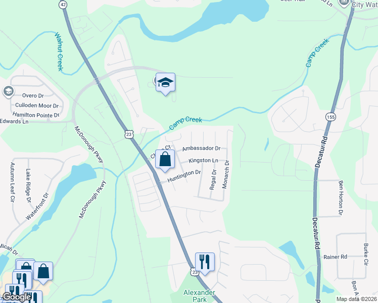 map of restaurants, bars, coffee shops, grocery stores, and more near 5031 Ambassador Drive in McDonough