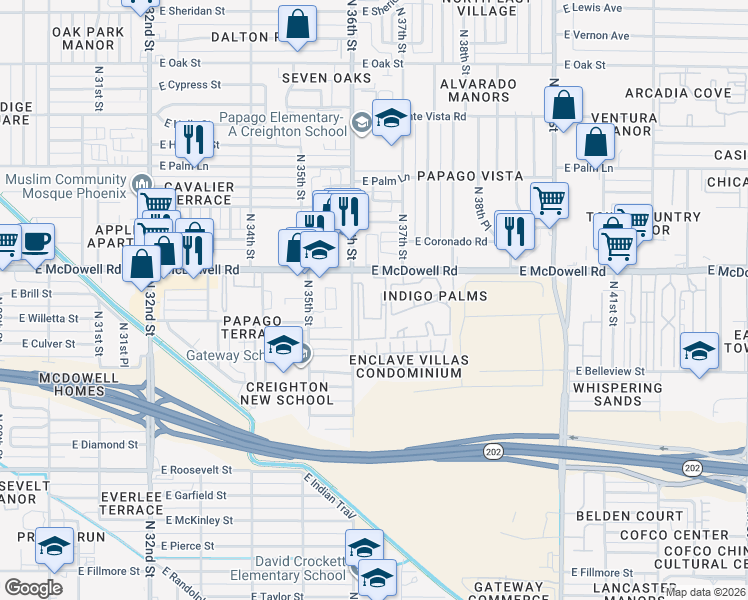 map of restaurants, bars, coffee shops, grocery stores, and more near 3601 East McDowell Road in Phoenix