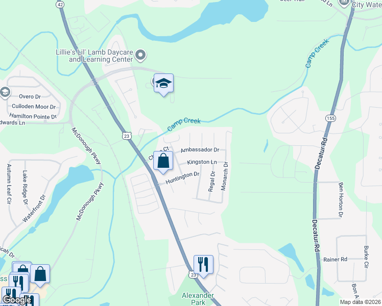 map of restaurants, bars, coffee shops, grocery stores, and more near 5041 Ambassador Drive in McDonough