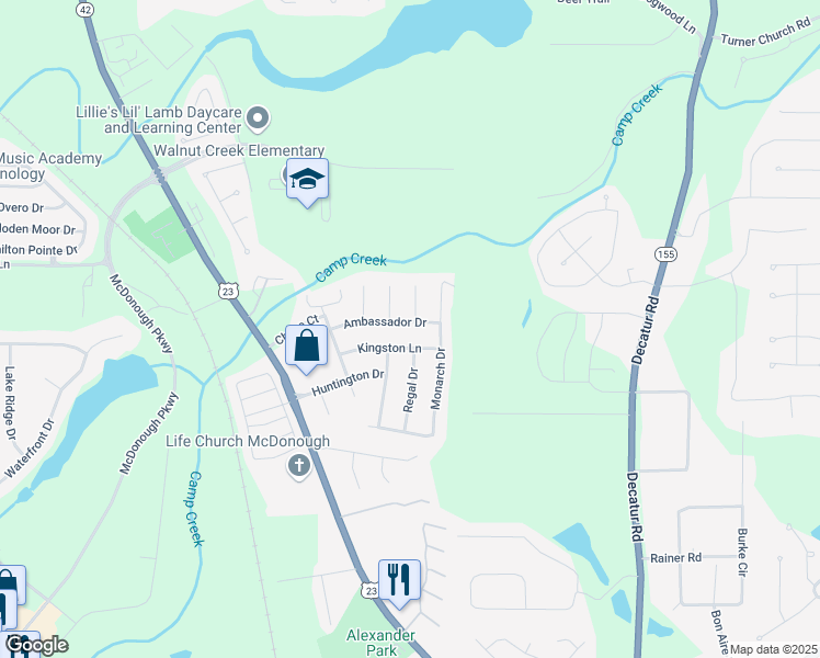map of restaurants, bars, coffee shops, grocery stores, and more near 6011 Ambassador Drive in McDonough