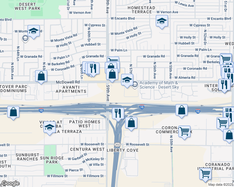 map of restaurants, bars, coffee shops, grocery stores, and more near 5821 West McDowell Road in Phoenix