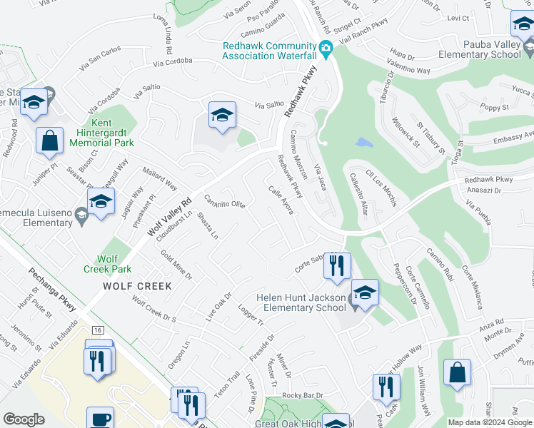 map of restaurants, bars, coffee shops, grocery stores, and more near 45657 Corte Lobos in Temecula
