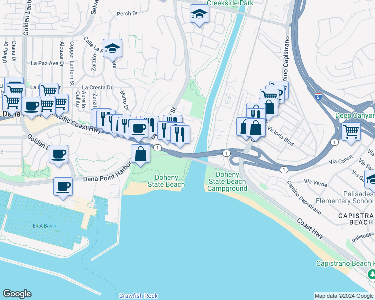 map of restaurants, bars, coffee shops, grocery stores, and more near 1522 Doheny Way in Dana Point