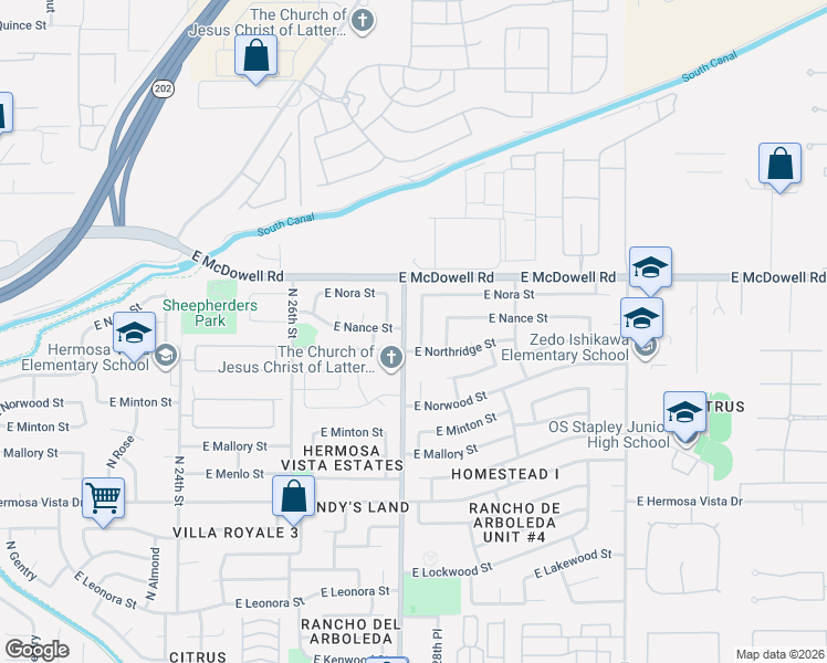 map of restaurants, bars, coffee shops, grocery stores, and more near 2703 North Robin Lane in Mesa