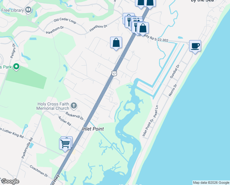 map of restaurants, bars, coffee shops, grocery stores, and more near 62 South Cove Place in Pawleys Island