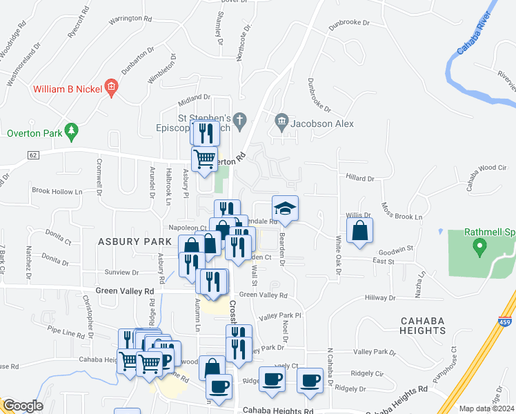 map of restaurants, bars, coffee shops, grocery stores, and more near 3215 Overton Manor Drive in Vestavia Hills