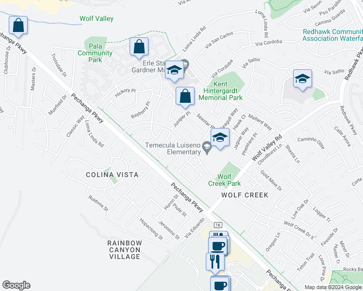 map of restaurants, bars, coffee shops, grocery stores, and more near 45667 Honeysuckle Court in Temecula