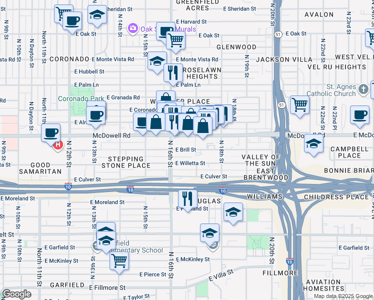 map of restaurants, bars, coffee shops, grocery stores, and more near 1614 East Brill Street in Phoenix