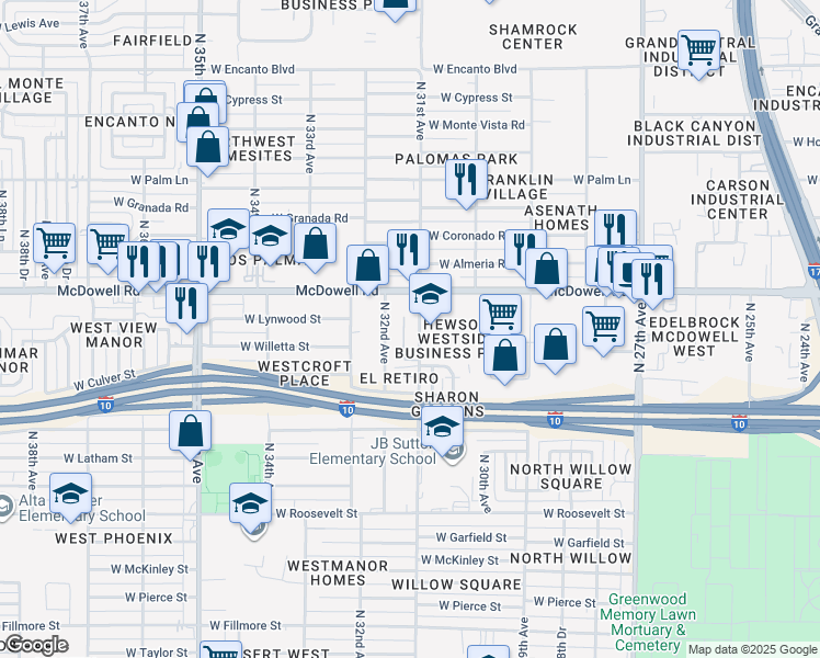 map of restaurants, bars, coffee shops, grocery stores, and more near 1423 North 32nd Avenue in Phoenix