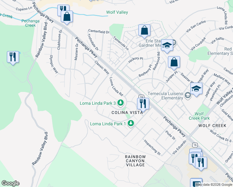 map of restaurants, bars, coffee shops, grocery stores, and more near 45306 Esplendor Court in Temecula