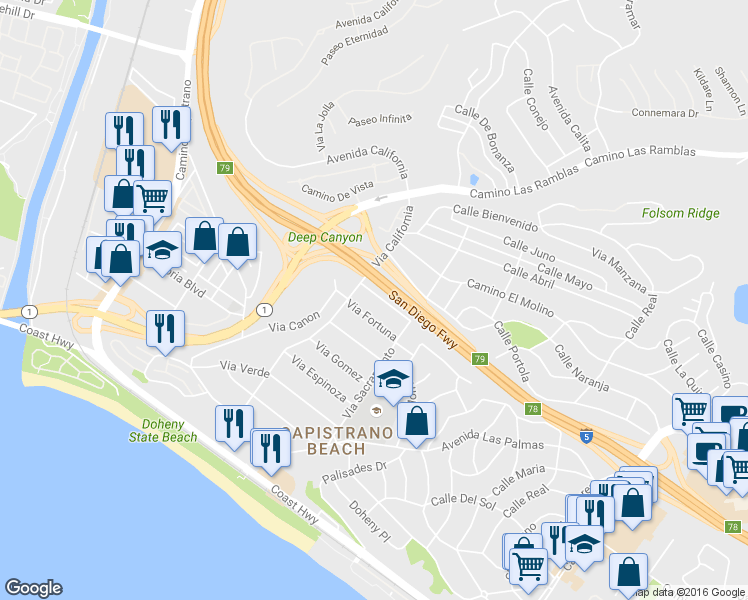 map of restaurants, bars, coffee shops, grocery stores, and more near 34245 Via Lopez in Dana Point