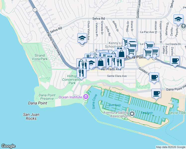 map of restaurants, bars, coffee shops, grocery stores, and more near 24322 Del Prado Avenue in Dana Point