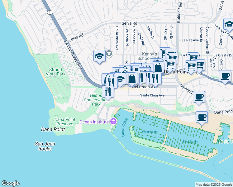 map of restaurants, bars, coffee shops, grocery stores, and more near 34262 Street of the Blue Lantern in Dana Point