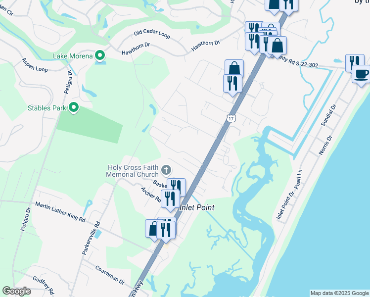 map of restaurants, bars, coffee shops, grocery stores, and more near 32 Hamstead Place in Pawleys Island
