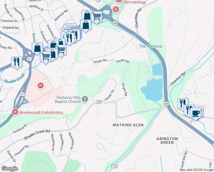 map of restaurants, bars, coffee shops, grocery stores, and more near 2745 Smyer Circle in Vestavia Hills