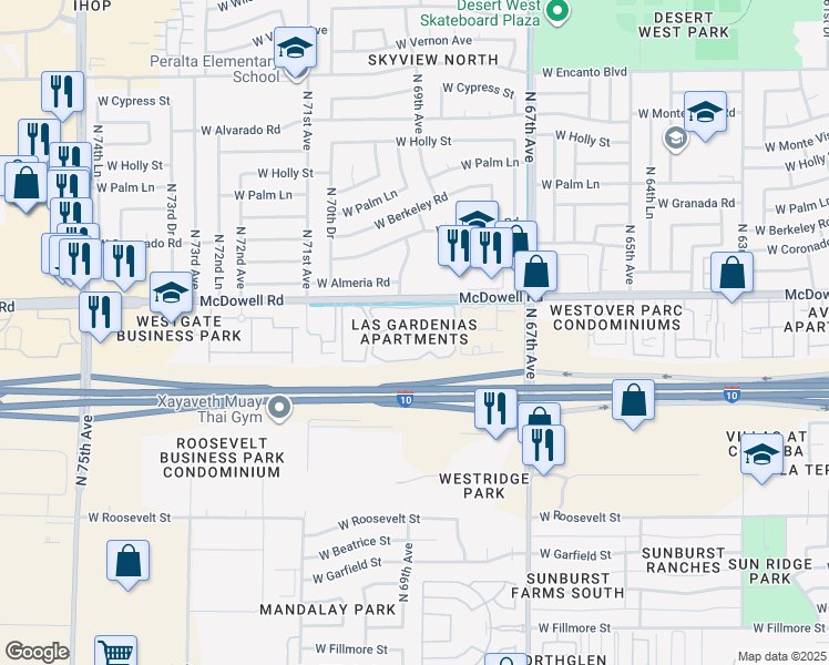 map of restaurants, bars, coffee shops, grocery stores, and more near 6901 West McDowell Road in Phoenix