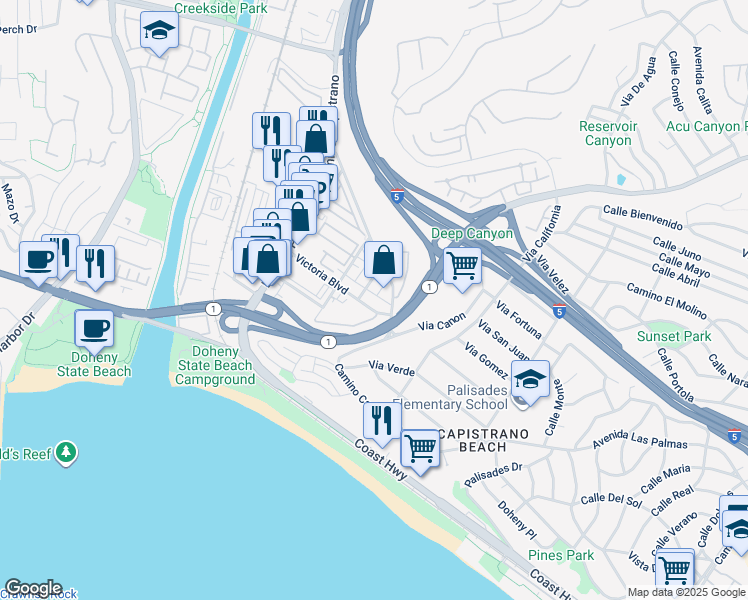 map of restaurants, bars, coffee shops, grocery stores, and more near Victoria Boulevard in Dana Point