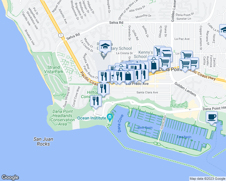 map of restaurants, bars, coffee shops, grocery stores, and more near 24241 Santa Clara Avenue in Dana Point