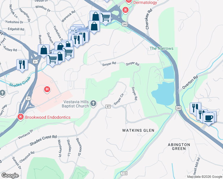 map of restaurants, bars, coffee shops, grocery stores, and more near 2745 Smyer Circle in Vestavia Hills