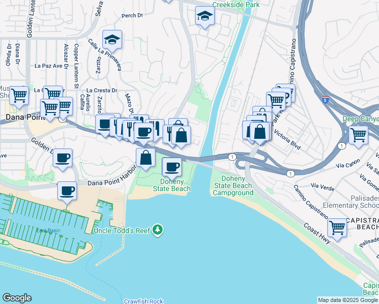 map of restaurants, bars, coffee shops, grocery stores, and more near 34334 Pacific Coast Highway in Dana Point