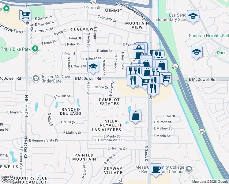map of restaurants, bars, coffee shops, grocery stores, and more near 6566 East Nance Street in Mesa