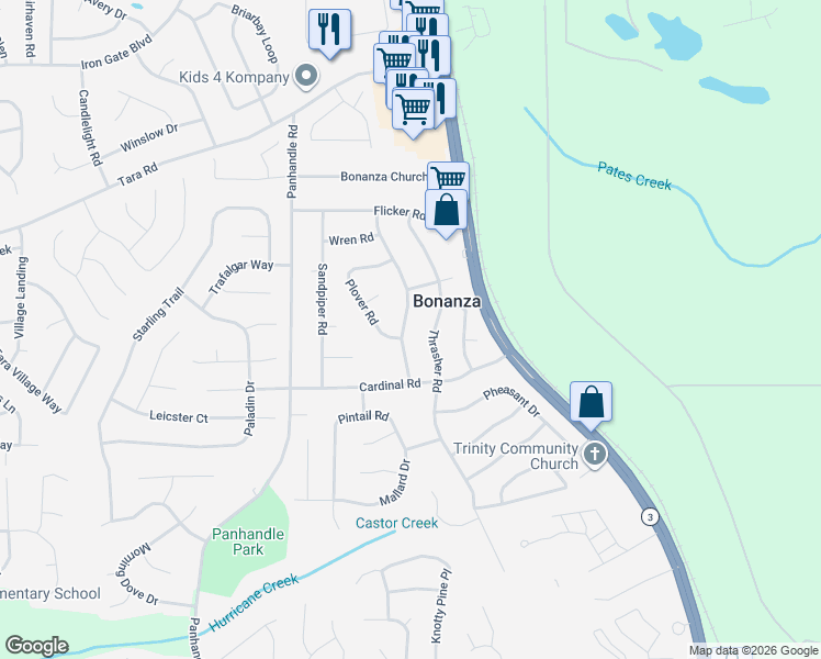 map of restaurants, bars, coffee shops, grocery stores, and more near 10653 Thrasher Road in Jonesboro