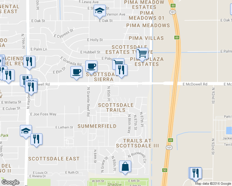 map of restaurants, bars, coffee shops, grocery stores, and more near 8521 East McDowell Road in Scottsdale