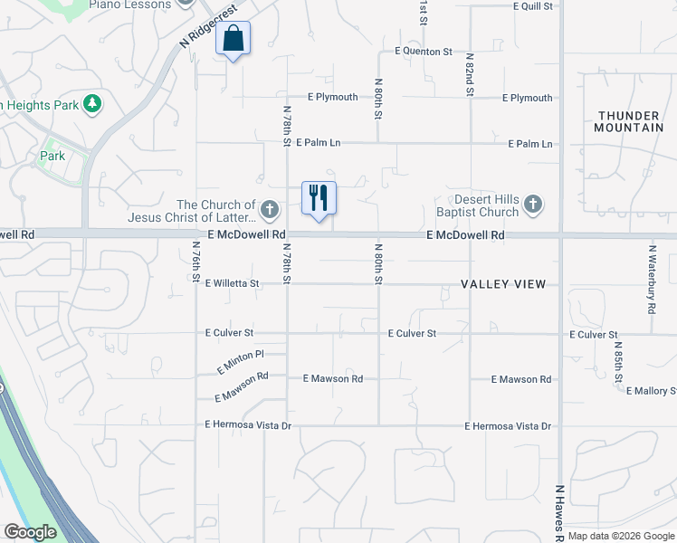 map of restaurants, bars, coffee shops, grocery stores, and more near 7932 East Willetta Street in Mesa