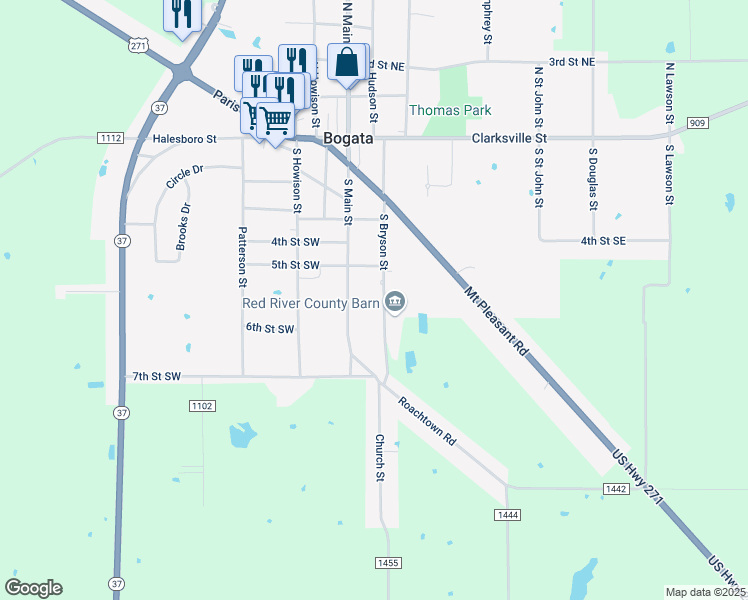 map of restaurants, bars, coffee shops, grocery stores, and more near 554 South Bryson Street in Bogata