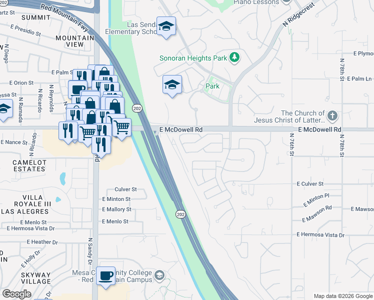 map of restaurants, bars, coffee shops, grocery stores, and more near 7157 East Nathan Street in Mesa