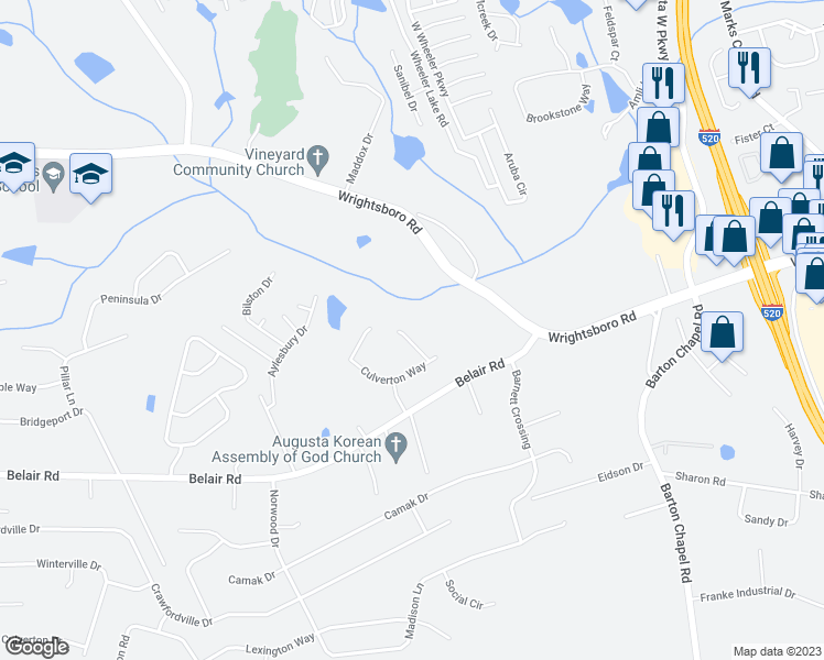 map of restaurants, bars, coffee shops, grocery stores, and more near 3024 Culverton Court in Augusta
