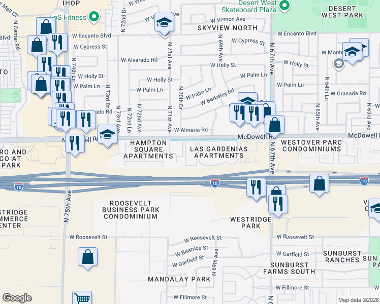 map of restaurants, bars, coffee shops, grocery stores, and more near 7021 West McDowell Road in Phoenix