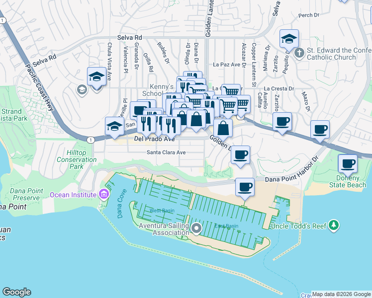 map of restaurants, bars, coffee shops, grocery stores, and more near 24641 Santa Clara Avenue in Dana Point