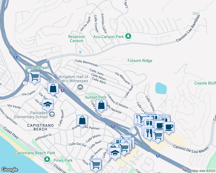 map of restaurants, bars, coffee shops, grocery stores, and more near 4001 Calle Abril in San Clemente