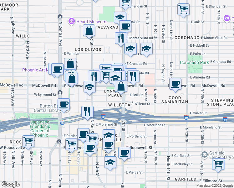 map of restaurants, bars, coffee shops, grocery stores, and more near 520 East Lynwood Street in Phoenix