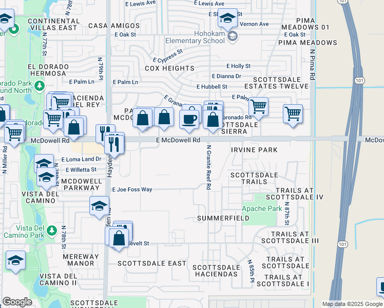map of restaurants, bars, coffee shops, grocery stores, and more near 8201 East McDowell Road in Scottsdale