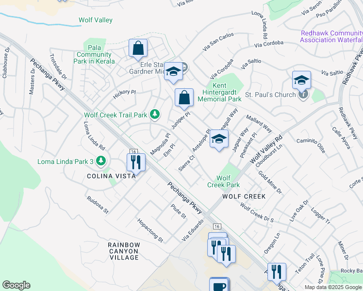 map of restaurants, bars, coffee shops, grocery stores, and more near 45655 Honeysuckle Court in Temecula