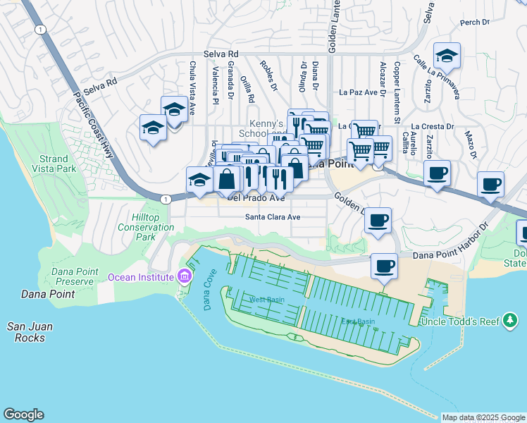 map of restaurants, bars, coffee shops, grocery stores, and more near 24501 Santa Clara Avenue in Dana Point