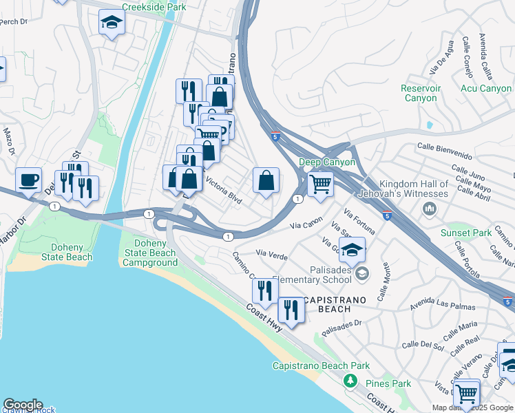 map of restaurants, bars, coffee shops, grocery stores, and more near 26129 Victoria Boulevard in Dana Point