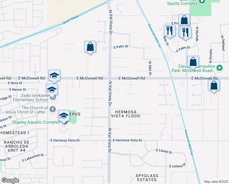 map of restaurants, bars, coffee shops, grocery stores, and more near 2727 North Val Vista Drive in Mesa